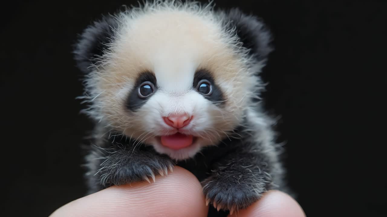A baby panda is sitting on a person's hand. The baby is adorable and cute. The person holding the baby is likely a parent or caregiver