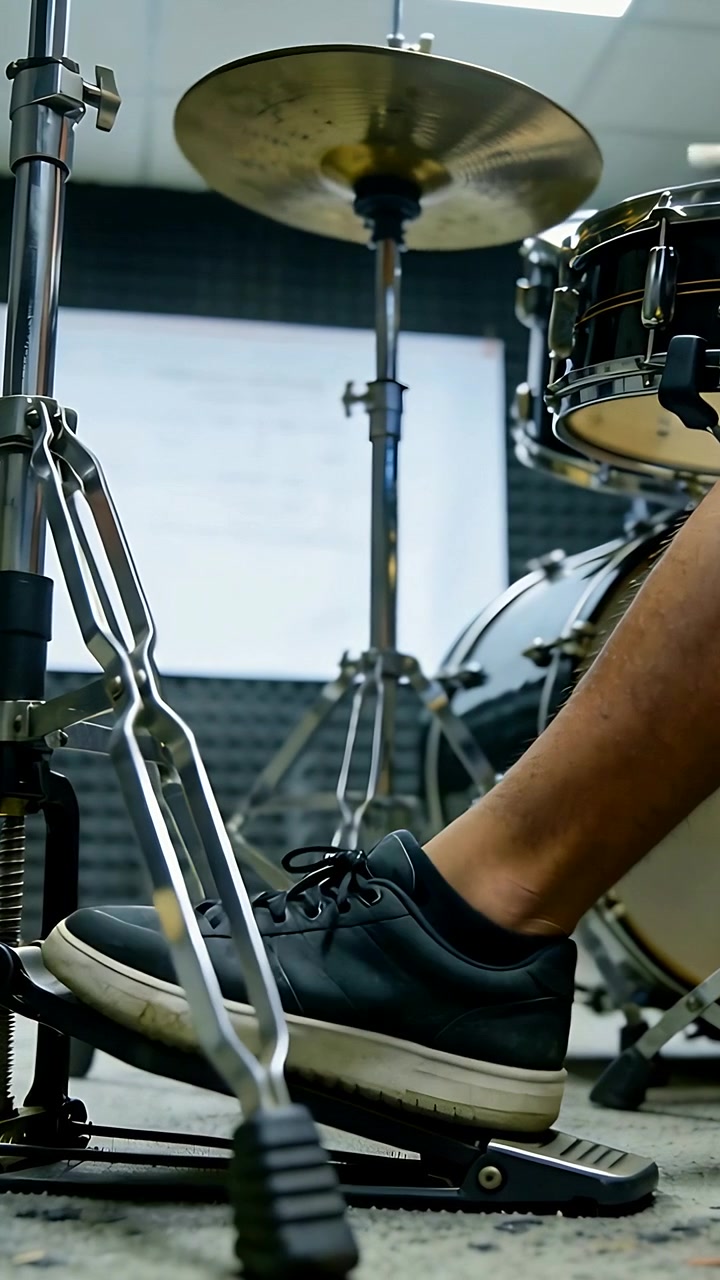 Vertical video: Starting press drummer foot tapping hi-hat pedal in studio for steady beat, shorts