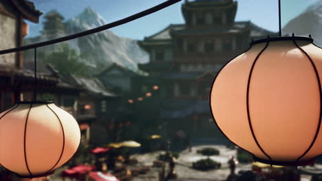 una ciudad china o japonesa con linternas