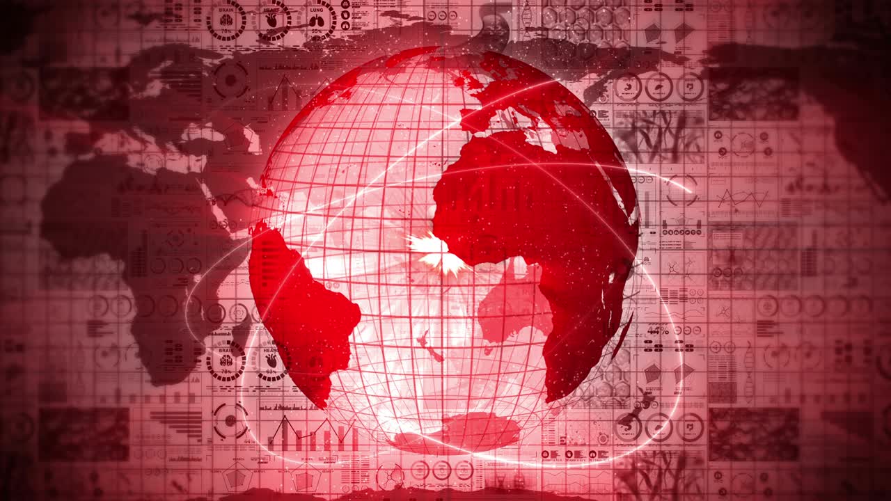 pandemia de infección. tierra global con puntos rojos de infección. holograma médico elementos de datos digitales gráfico. control infeccioso. vírus de curación. animación en bucle.