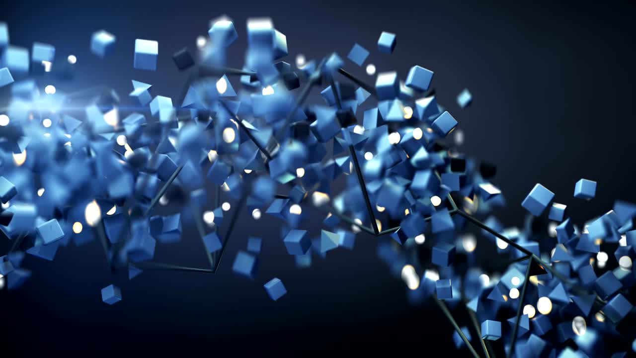 어두운 파란색 기하학적 물체가 날고 있습니다. 3d 렌더링 애니메이션.