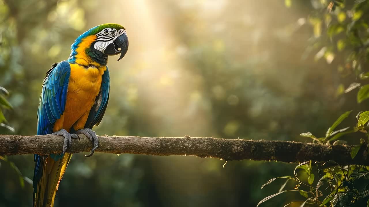 Vibrant parrot perched on a branch, captured from a side angle