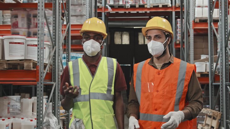 Warehouse Workers in Face Masks Walking and Talking