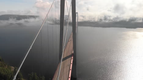 aerial shot panning backwards from hogakusten bridge in sweden