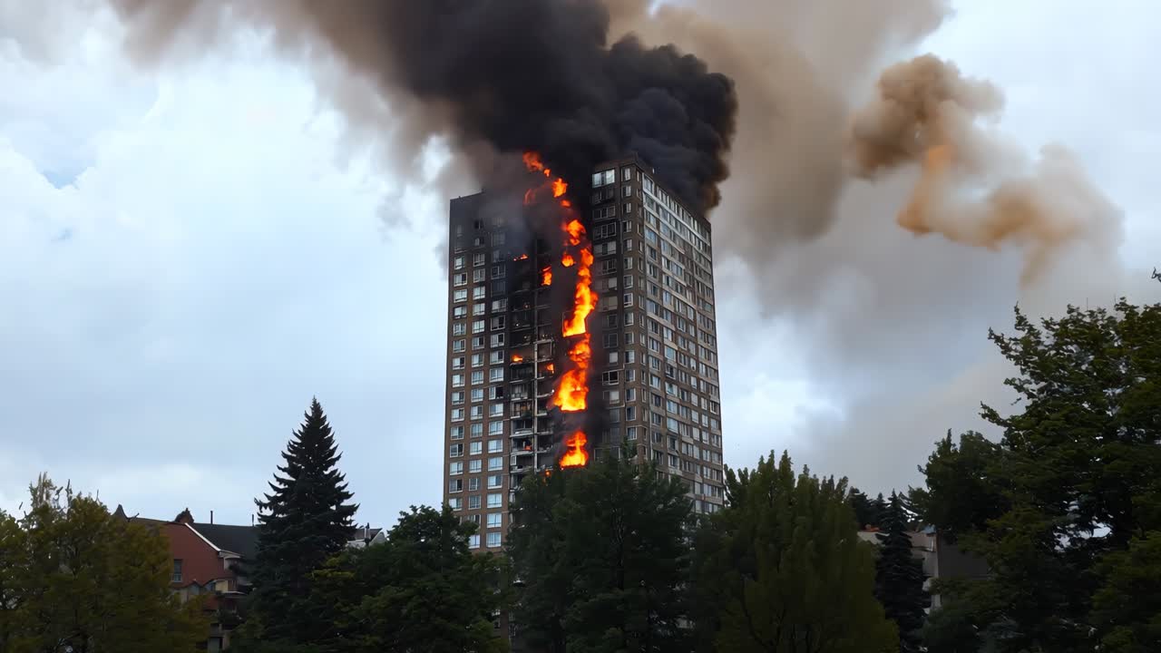 높은 건물이 불타고 연기가 그 꼭대기에서 불어오고 있다.