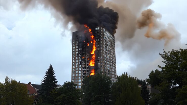 Un edificio alto en llamas con humo que se eleva desde la parte superior