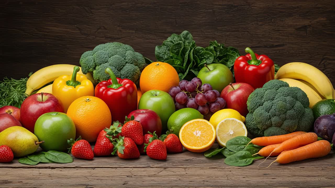 Levende udstilling af friske frugter og grøntsager: Et farverigt arrangement der fremviser naturens rigdom med æbler, appelsiner, druer, broccoli og mere på et rustikt træbord
