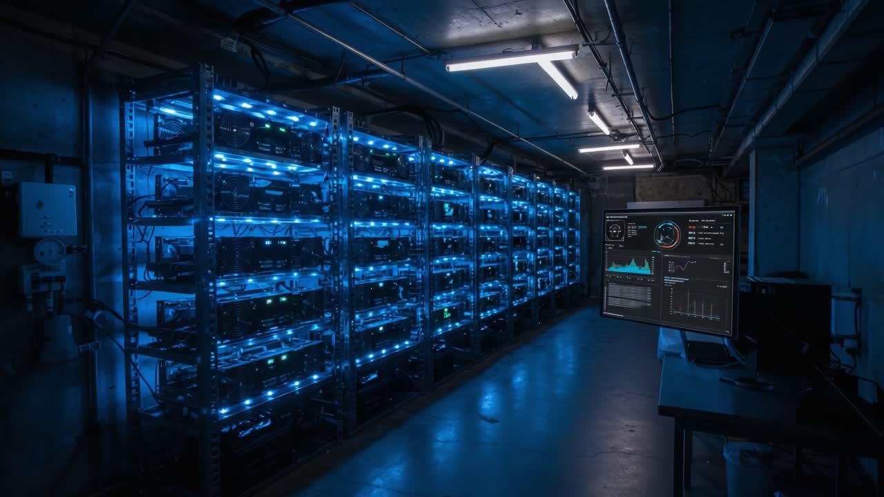 An Impressive Array of High-Performance Machines Illuminated by Blue Light in a Data Center, Featuring Monitors Displaying Real-Time Analytics and System Metrics