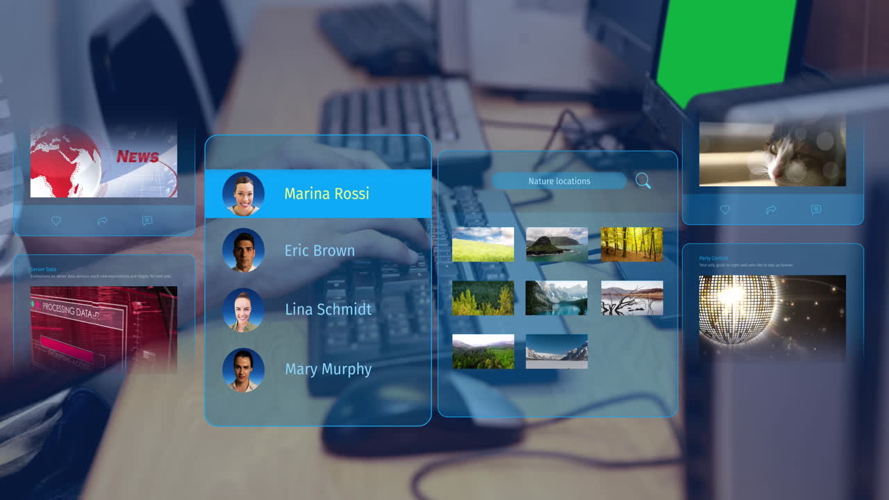 animación de publicaciones en redes sociales y perfiles de personas sobre manos escribiendo palabras clave.