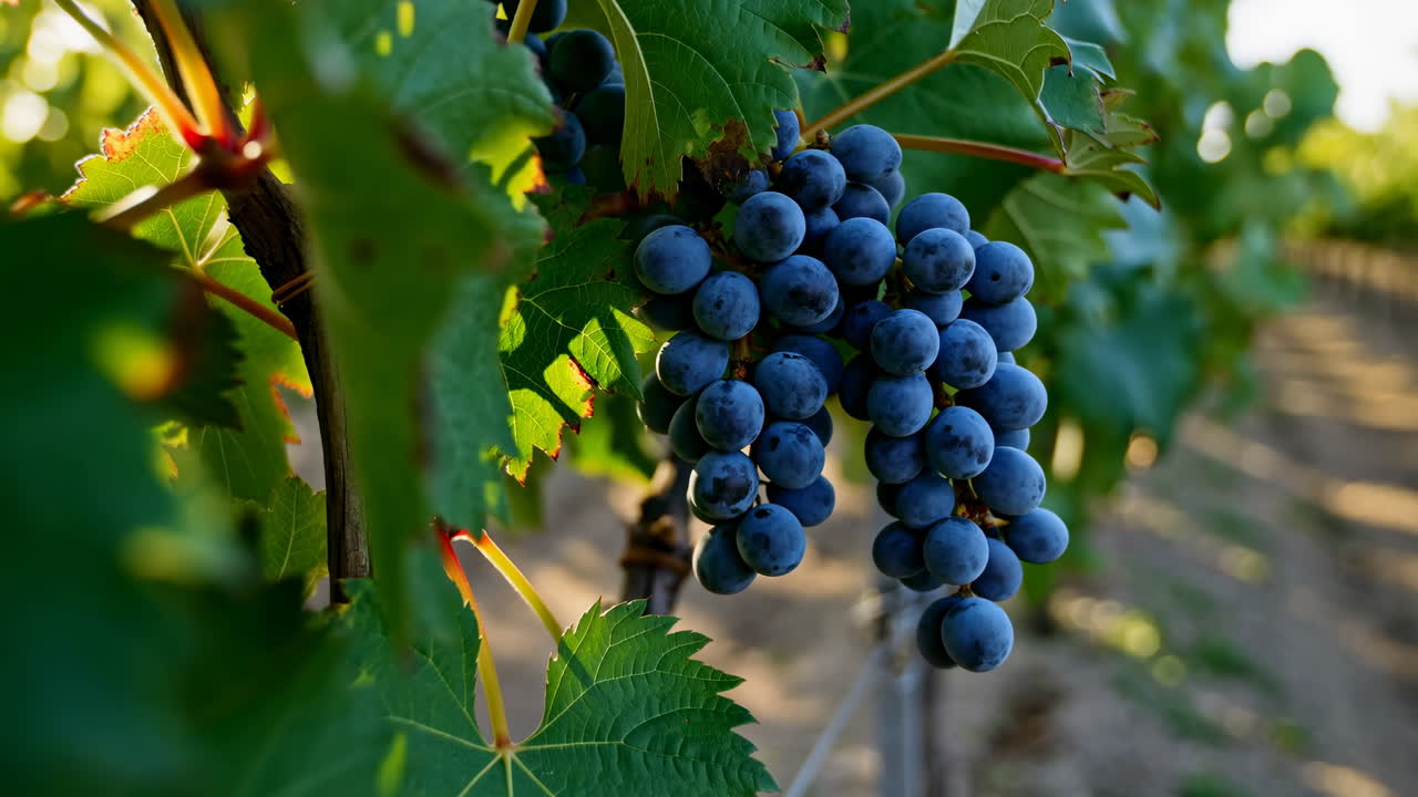 Uva blu matura su vite del vigneto, luce solare dell'ora d'oro che riscalda il grappolo, rugiada sulle bucce e foglie verdi che incorniciano.