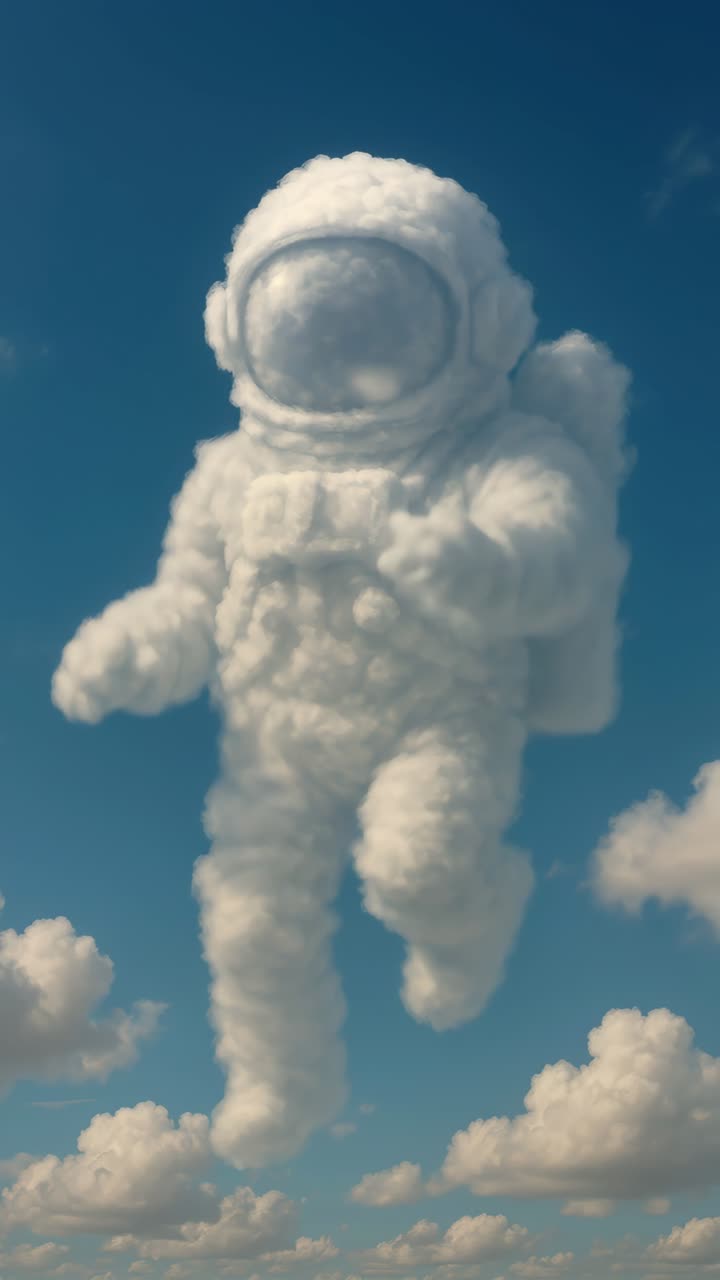 Surreal video concept of a cloud shaped like an astronaut. Captured from a low angle, it floats