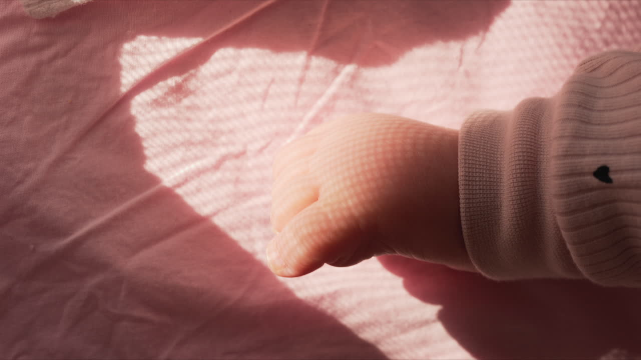 Close up of a baby's bare foot resting on a soft pink blanket, lit by warm window light casting delicate patterned shadows