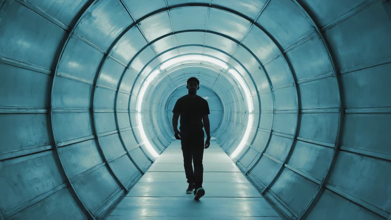 A man walking through a futuristic tunnel
