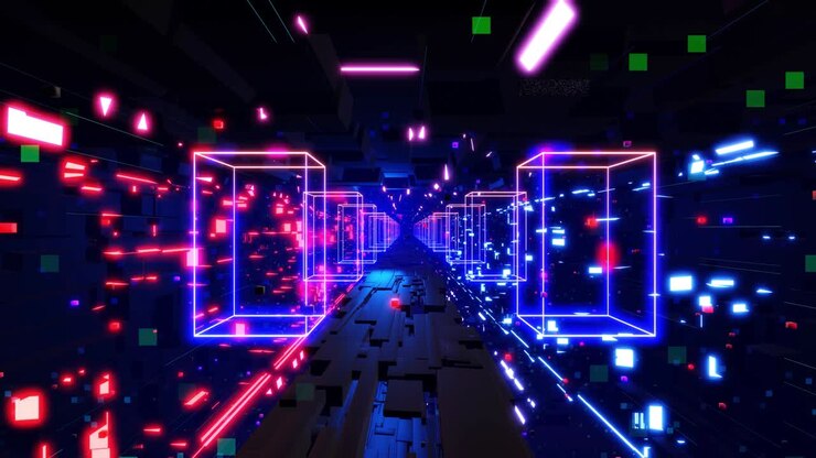 Sfondo motion graphic sci-fi. Volo in un tunnel tecnologico digitale con luce neon. Concetto di flusso di informazioni hi-tech, blockchain o tunnel digitale di big data 3D. Sfondo astratto 3D in loop per motion design.