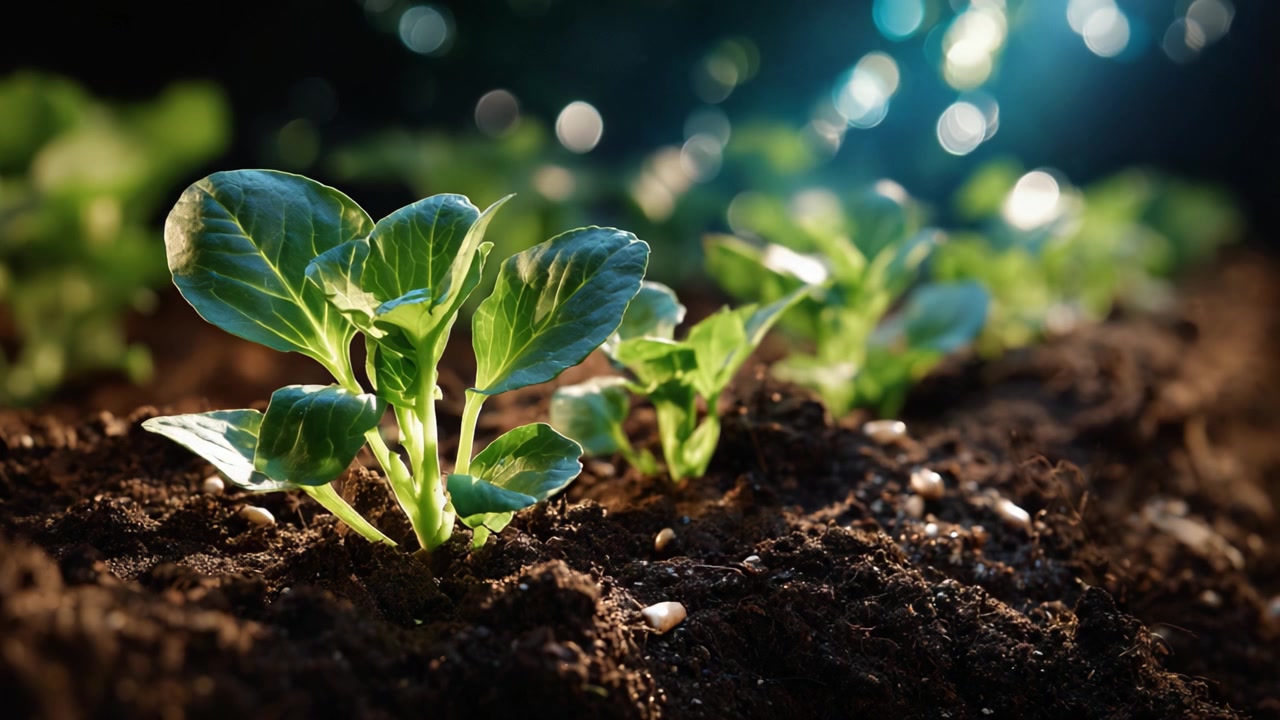 Fomentando el nuevo crecimiento: Un primer plano de plantas jóvenes surgiendo de tierra fértil bajo la luz del sol con un hermoso desenfoque en el fondo.