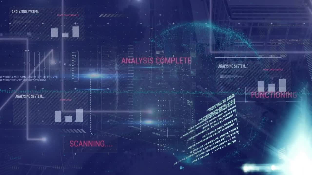 도시 풍경 위의 데이터 처리 애니메이션