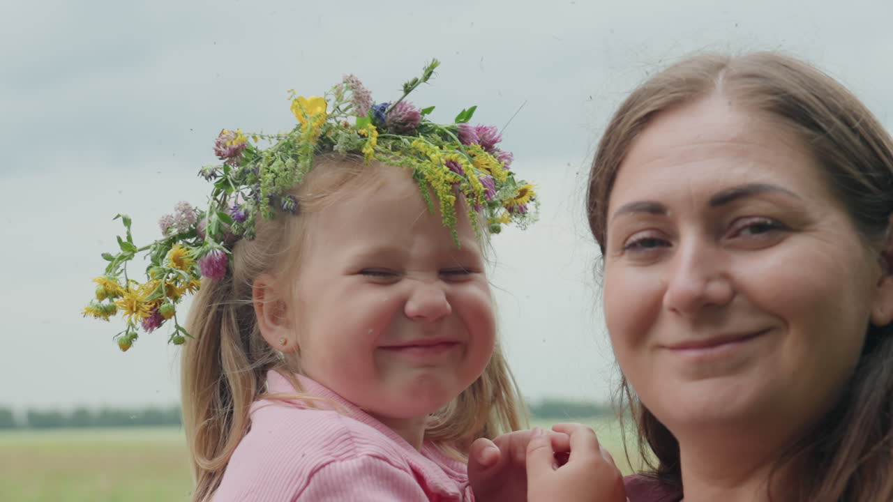 madre e hija jardineras blancas sonriendo en primer plano en un prado, sonrisa juguetona de la niña con una corona de flores, expresión relajada de la madre, fondo rústico de campo, retrato veraniego espontáneo, ambiente familiar alegre