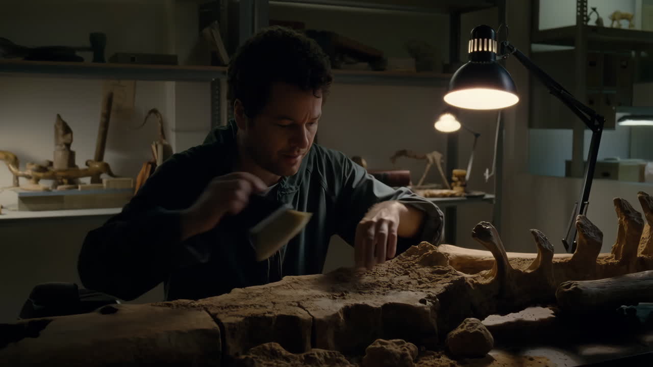 A paleontologist cleans a large fossilized skeleton in a dimly lit laboratory