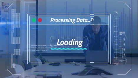 animación del procesamiento de datos sobre un hombre de negocios caucásico que usa una computadora portátil