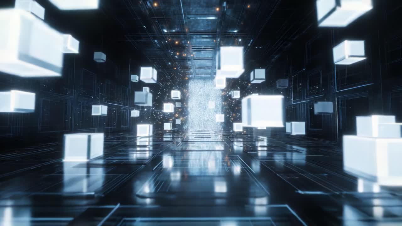 A Futuristic Digital Space Filled with Glowing Cubes and Shimmering Particles, Leading Towards a Bright Light in the Distance, Representing Virtual Reality and Technology