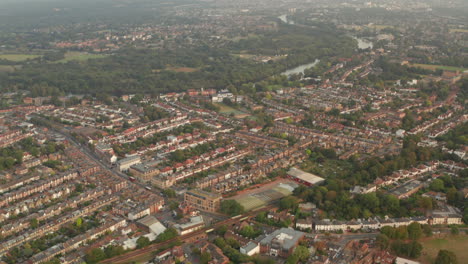 circling aerial shot over twickenham town london