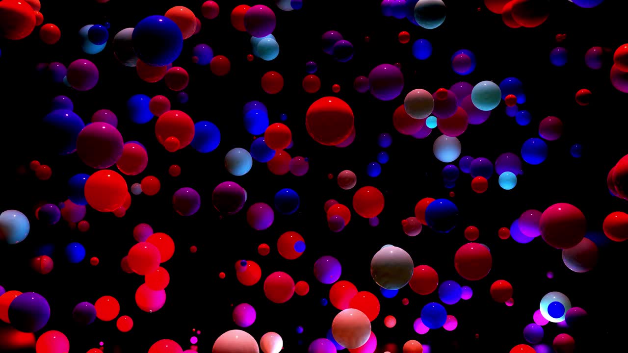 Abstract composition of colorful balls in air, which randomly light up and reflect in each other. Multicolored spheres in air as simple geometric dark background with light effects.
