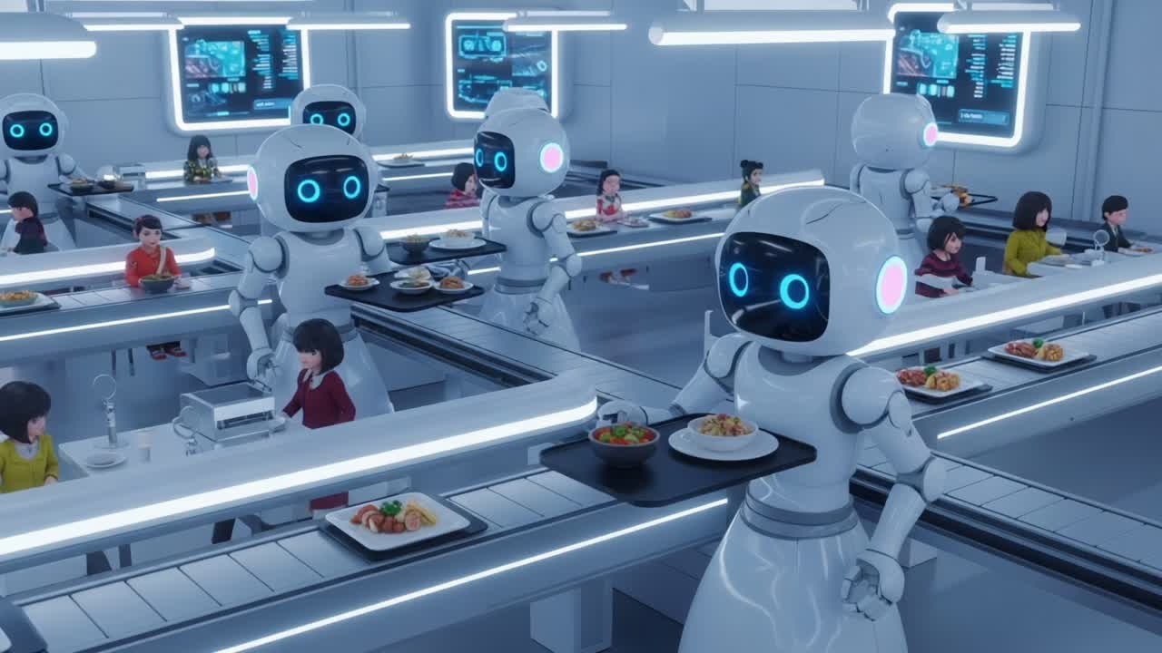 Advanced Robots Serve Meals in a Futuristic Dining Environment, Showcasing Automation and Technology in a Modern Culinary Experience