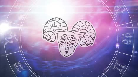 Animation-of-spinning-star-sign-wheel-with-aries-sign-and-stars