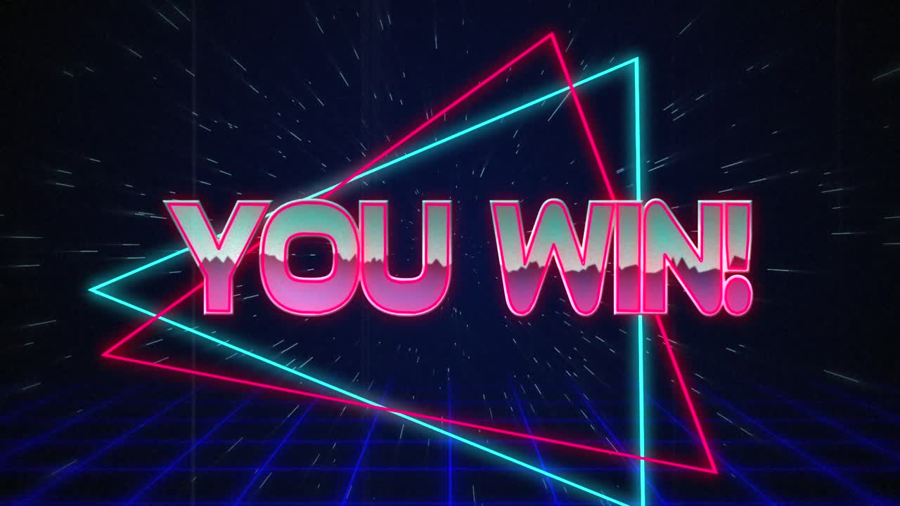 gana el texto retro glitching sobre triángulos azules y rojos en el efecto de hiperespacio blanco