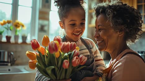 grandmother and granddaughter share a joyful moment with tulips