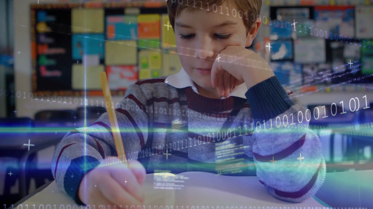 Student writing with pencil in notebook as education timelapse showing digital binary intensifying