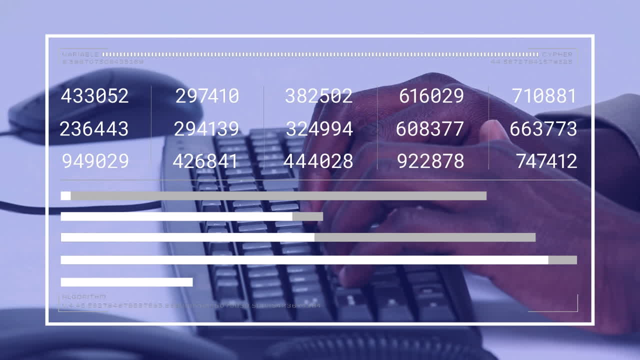 Animation of financial data processing over african american man using computer keyboard