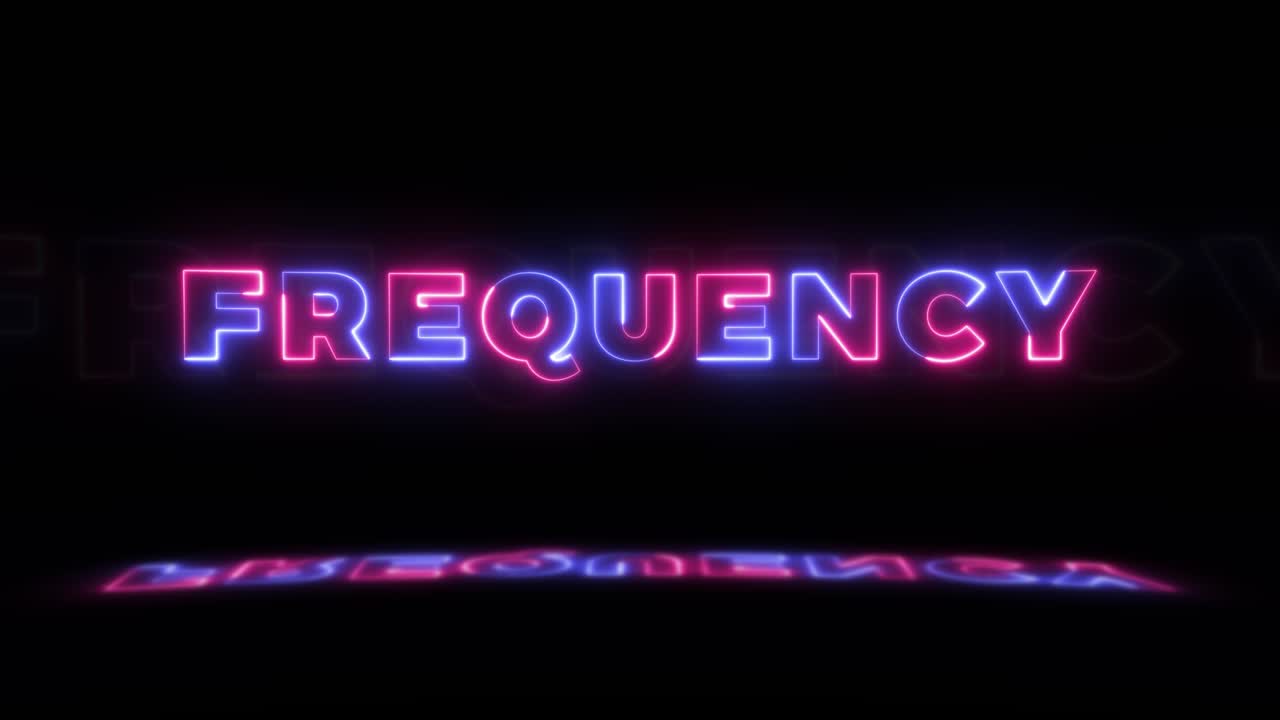 neón brillante palabra 'frecuencia' en un fondo negro con reflejos en un piso. signos de brillo de neón en gráfico de movimiento de bucle sin costuras