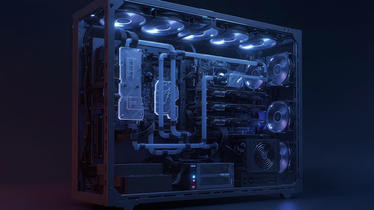 An Intricate View of a High-End Computer Setup Featuring Advanced Cooling and Lighting Systems for Optimal Performance and Aesthetic Appeal