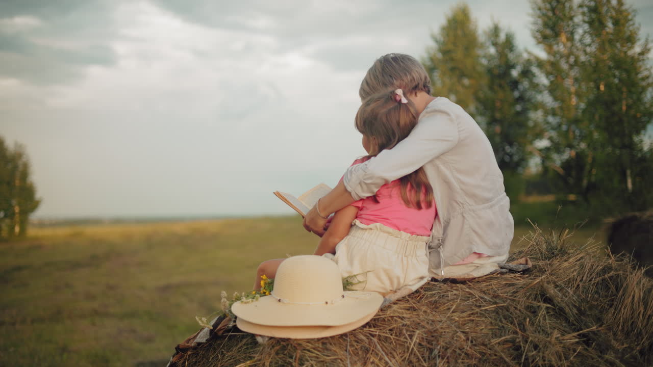 Side view of a lady embracing her little girl closely on a hay bale under a cloudy sky as they read a novel together, with a straw hat by their side, showcasing bonding moment in a vast field