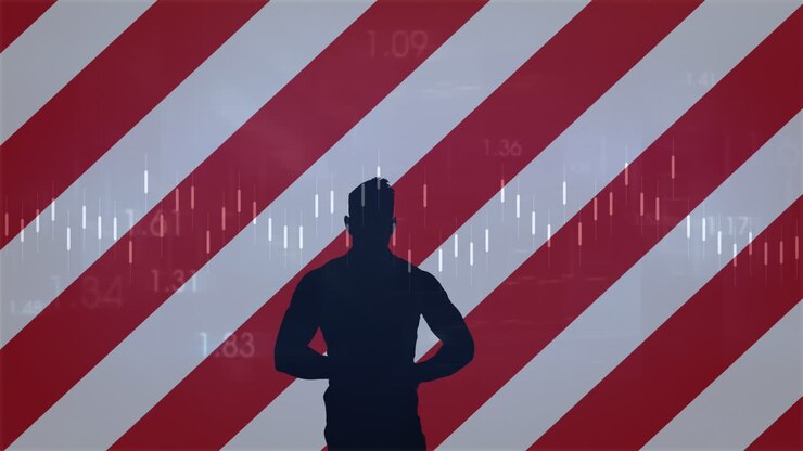 Animazione di bandiera americana con silhouette di uomo e statistiche in elaborazione