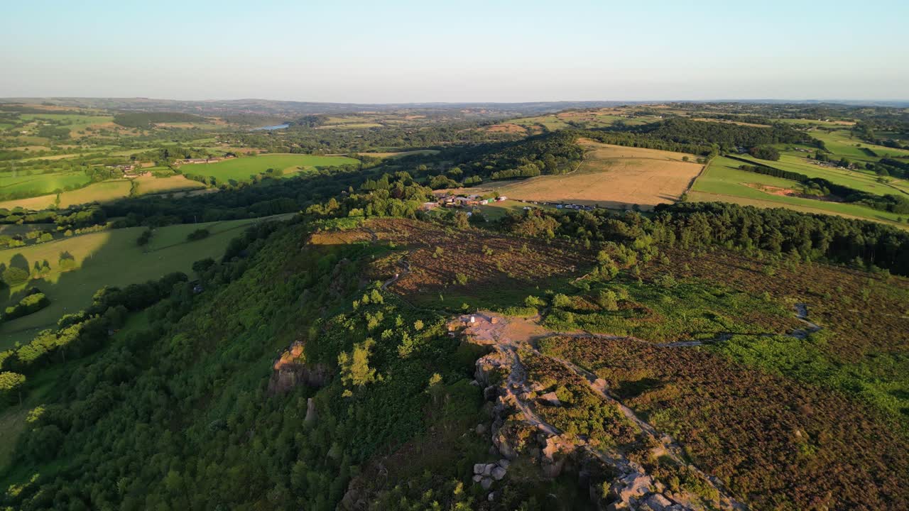 Beautiful Avona Escapes biker-friendly campsite, Congleton, Staffordshire, UK - drone approach from Bosely Cloud at sunset