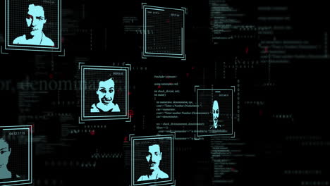 facial recognition data processing animation over digital profiles and binary code