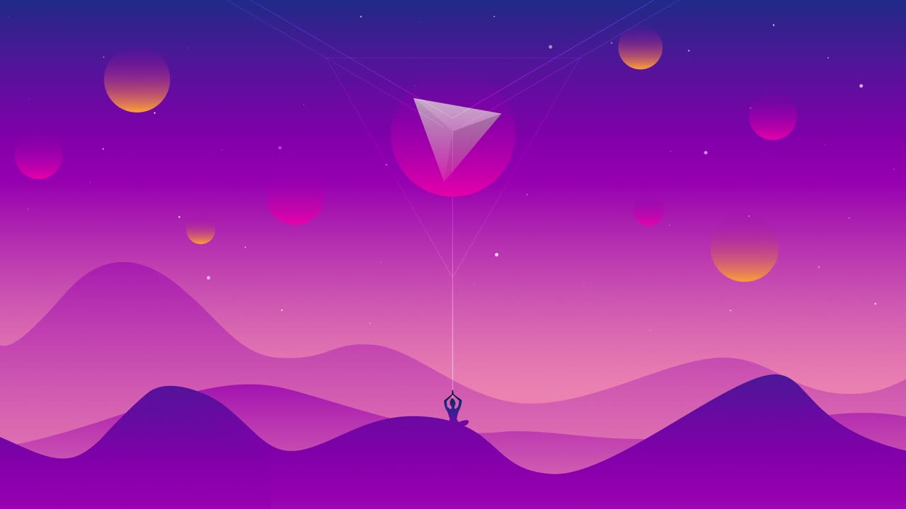 Cartoon purple desert landscape with hills, mountains and meditating person silhouettes in 4k video.