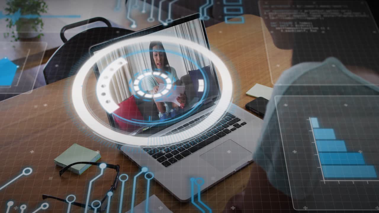 Desk man leaning forward as HUD appearing and aligning AR chart with remote host for business