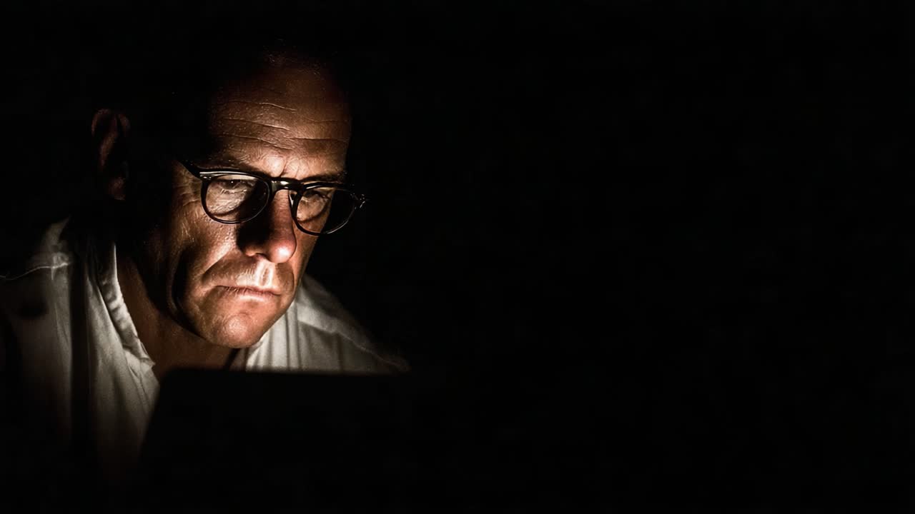 Concentration in Darkness: A Close-Up of a Man Deep in Thought, Engaged with a Laptop Screen, Illuminated by Subtle Lighting that Highlights His Features