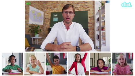 animation of video call screens of chalkboard and diverse teacher and children having online lesson