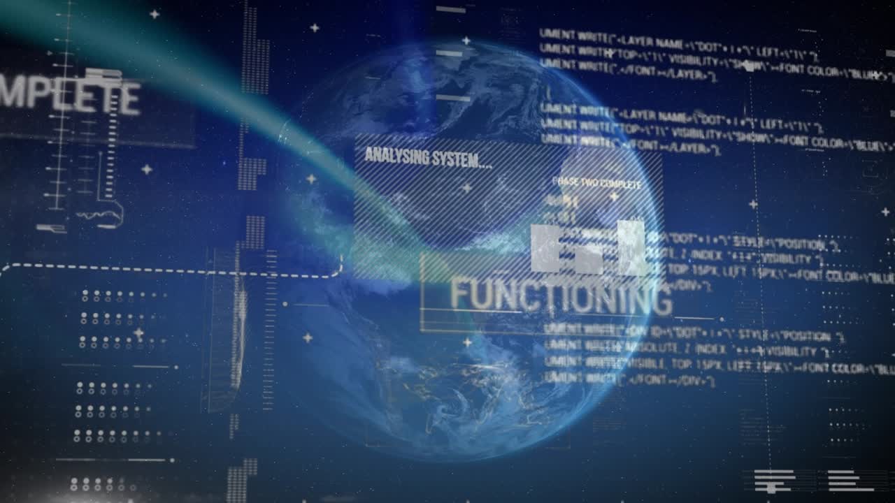Animation of data processing over globe on blue background