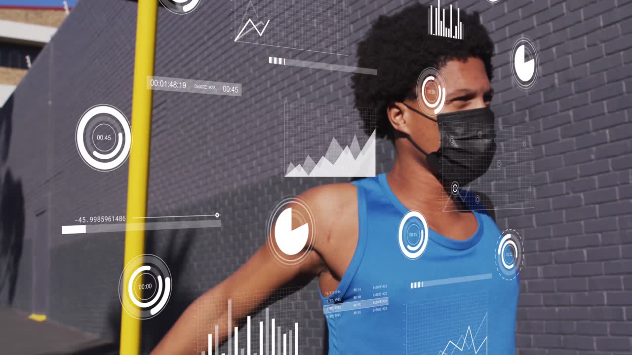 animación del procesamiento de datos sobre un hombre afroamericano con máscara facial.
