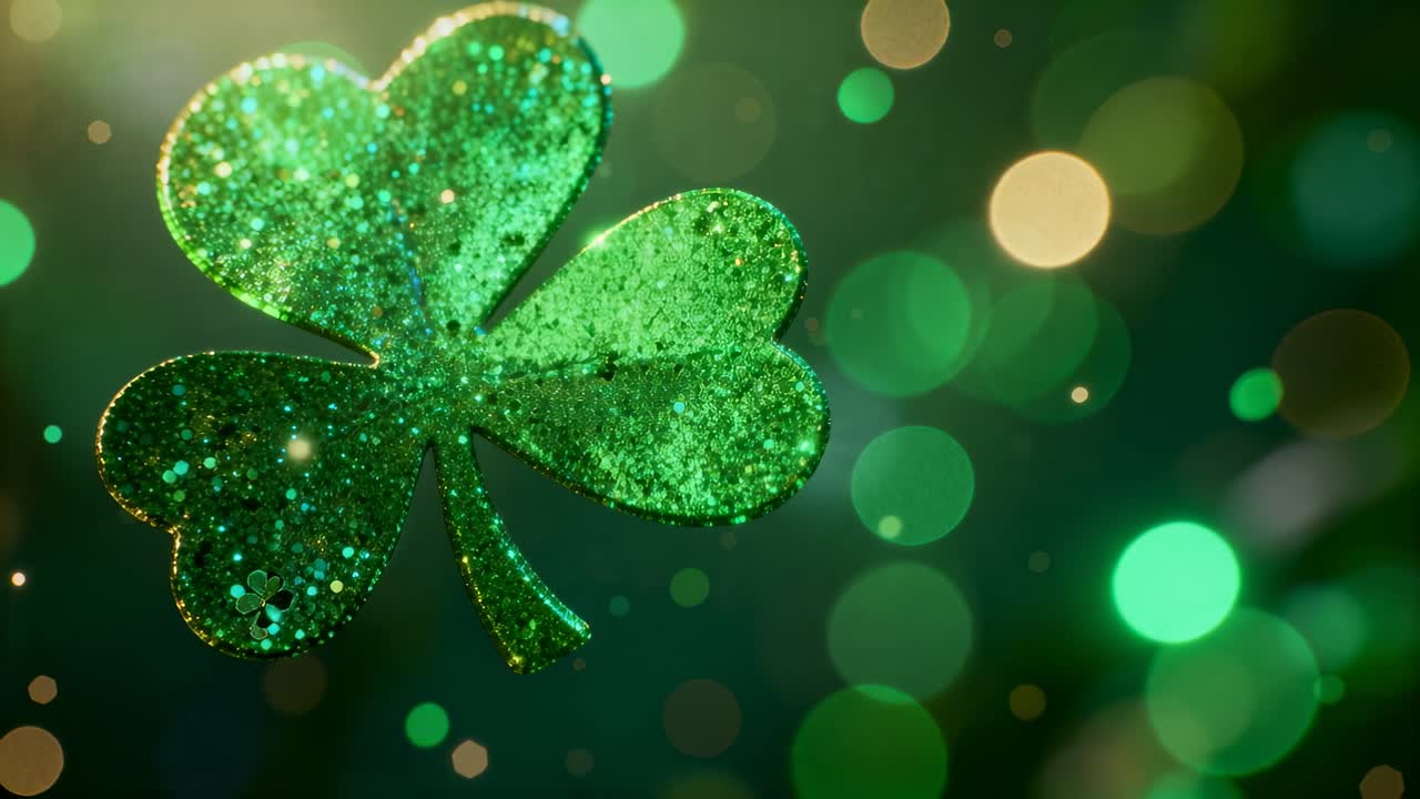 Drifting from left, glittery green four-leaf clover ornament moving to center at studio, rim bokeh