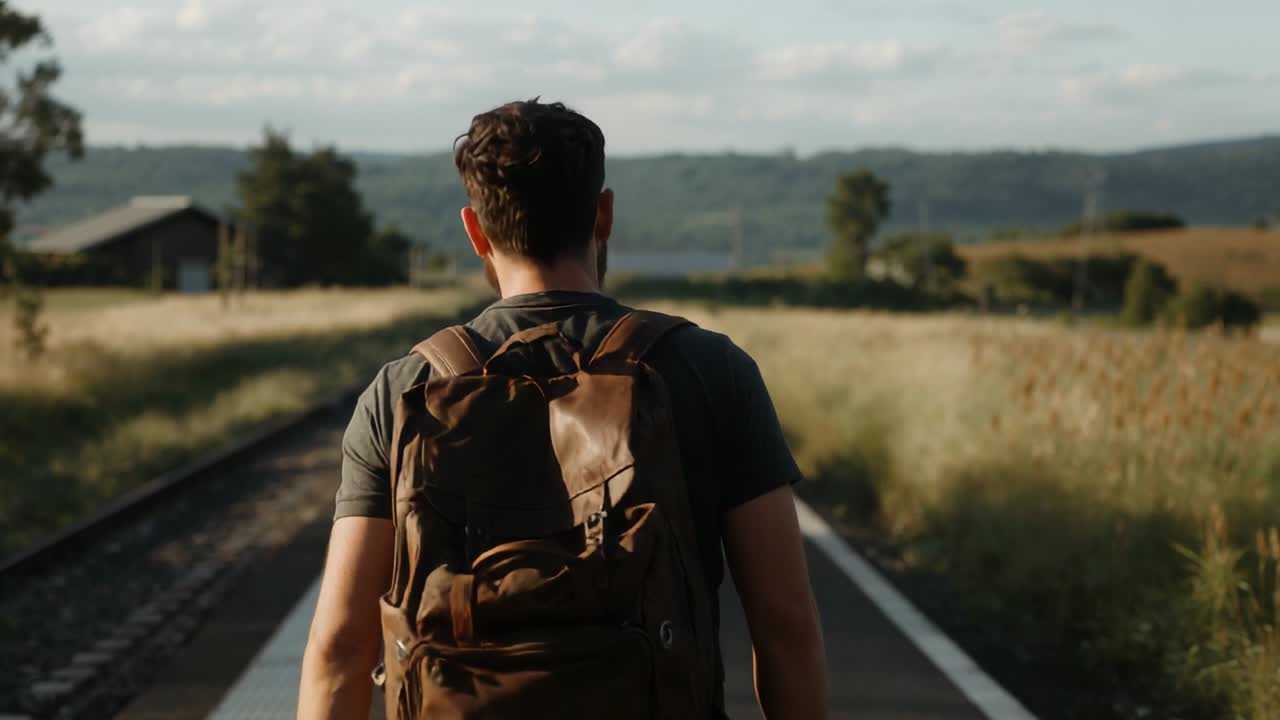 Escursionista a piedi con maglietta grigia che trasporta uno zaino marrone lungo un sentiero ferroviario rurale, all'inizio del viaggio verso le colline