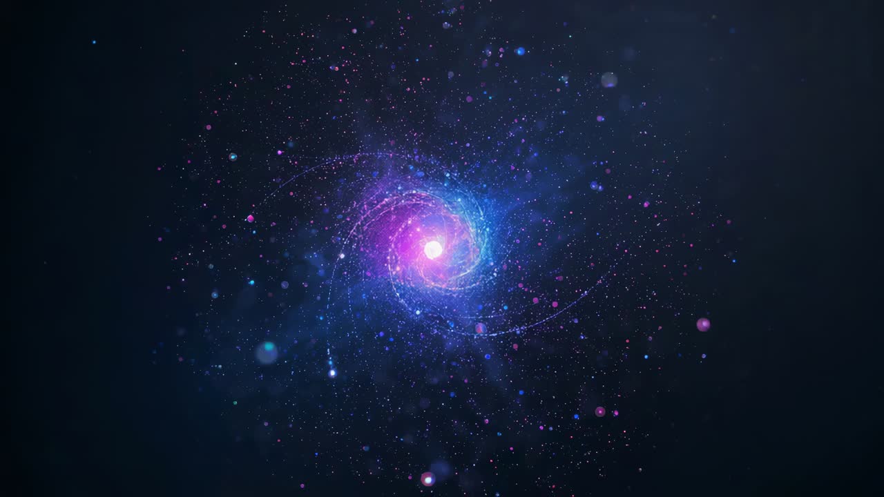 Un nucleo spirale magenta-bianco pulsante che invia particelle luminose in orbita nel vuoto cosmico, con foschia.