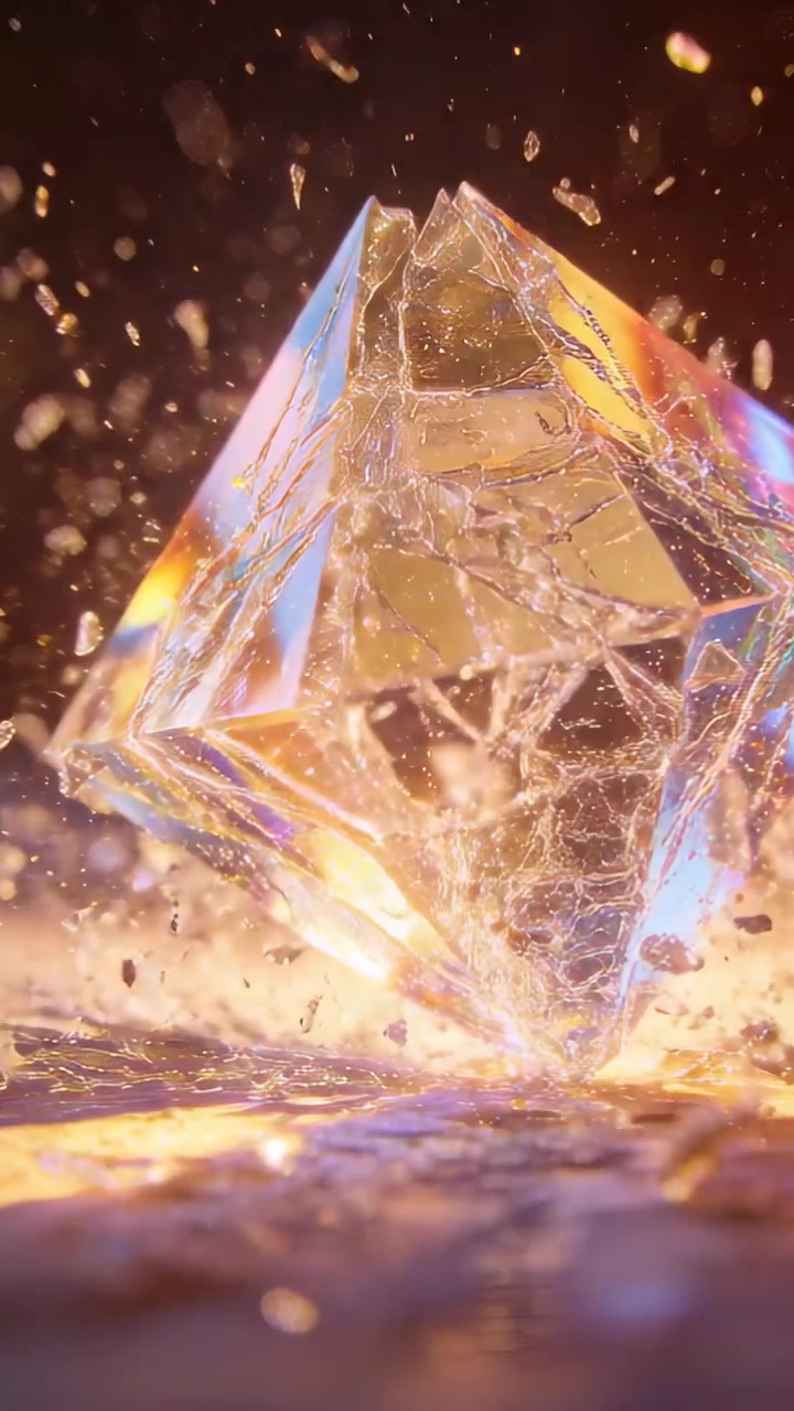 Vertical video: Rotating prism casting hue, base burst cracking, sending shards and dust on glass