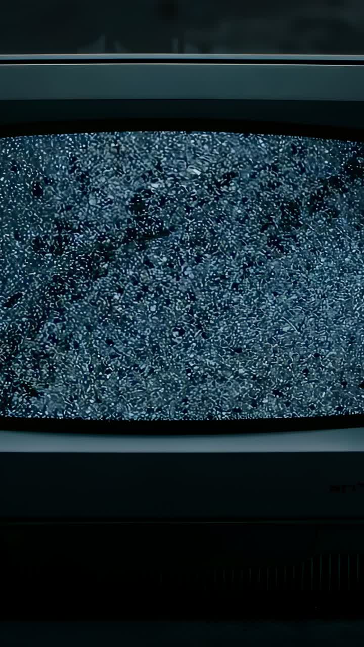 Vertical video: Zooming camera moving closer to CRT screen in dim room, revealing static grain