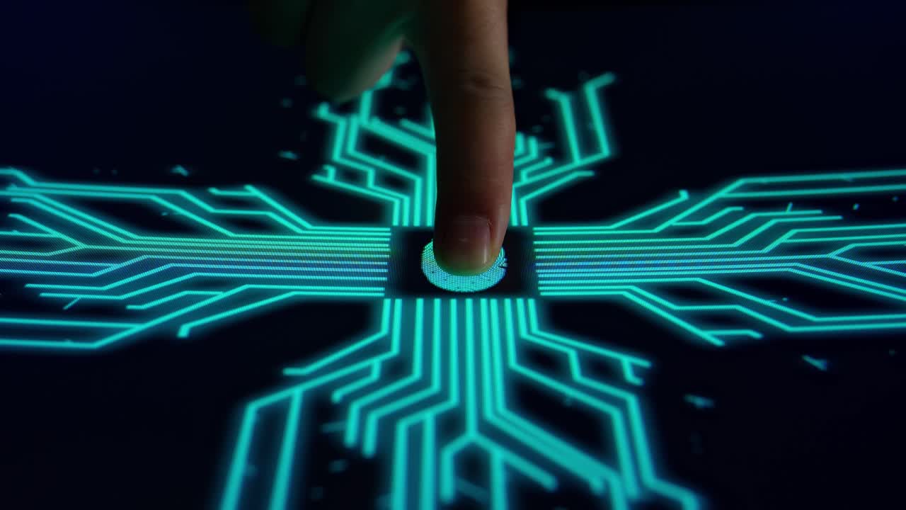 Human Finger Pushes Touch Fingerprint With Futuristic Artificial Intelligence Spreading Through Internet. Visualization Of Machine Learning, Computer Technology, Neural Network